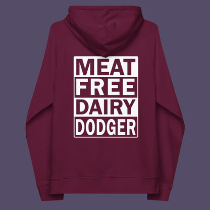 Burgundy hoodie back. This plant based vegan hoodie promotes a witty alternative to the 'non-dairy' label. Never mind 'plant based' as a new label for vegan . This is straight off the streets of East London. Comfortable and practical. It's extra soft and has a convenient front pouch pocket. Made from organic cotton and recycled polyester, this meat free hoodie design is a great eco-friendly choice.