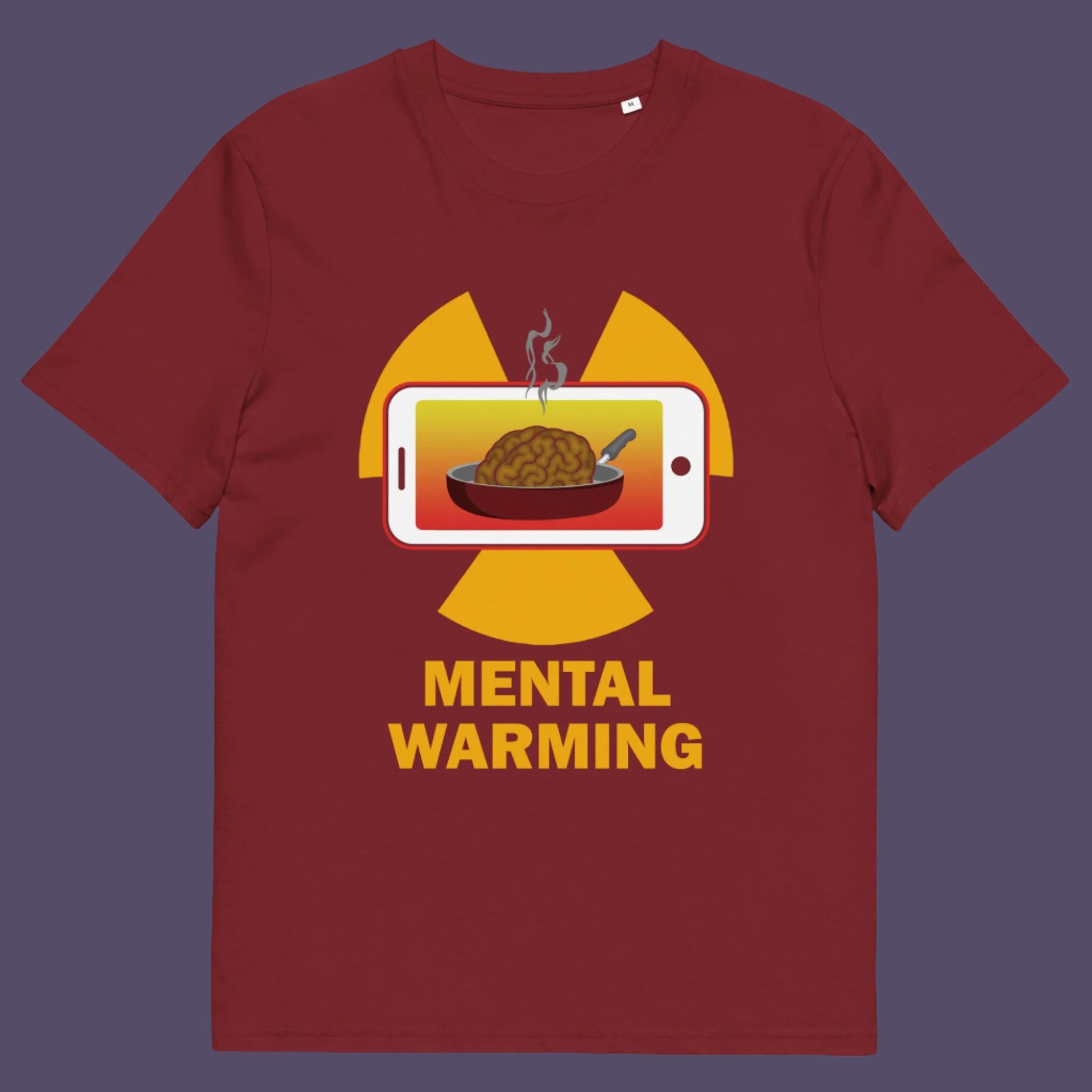 Burgundy t-shirt. A very satirical look at the affects of microwaves on the brain. If you are worried about global warming, look at what are we doing to our minds. This ant-smart phone design reminds people that environmental issues are not our only concern. Made from 100% organic ring-spun cotton, this social awareness t-shirt is unisex, high-quality, super comfy, and best of all, eco-friendly.