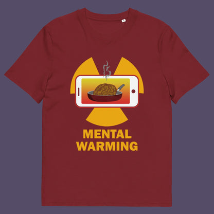 Burgundy t-shirt. A very satirical look at the affects of microwaves on the brain. If you are worried about global warming, look at what are we doing to our minds. This ant-smart phone design reminds people that environmental issues are not our only concern. Made from 100% organic ring-spun cotton, this social awareness t-shirt is unisex, high-quality, super comfy, and best of all, eco-friendly.