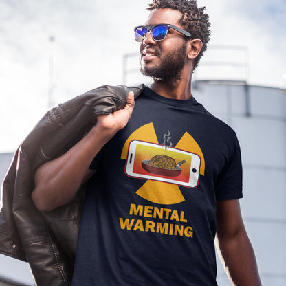 Man wearing a French navy t-shirt with a graphic design and text, holding a leather jacket. A save the environment t shirt looking at the affects of microwaves on the brain. If you are worried about global warming, look at what are we doing to our minds. This anti smart phone design reminds people that environmental issues are not our only concern. Made from 100% organic ring-spun cotton, this social awareness t-shirt is unisex, high-quality, super comfy, and best of all, eco-friendly.