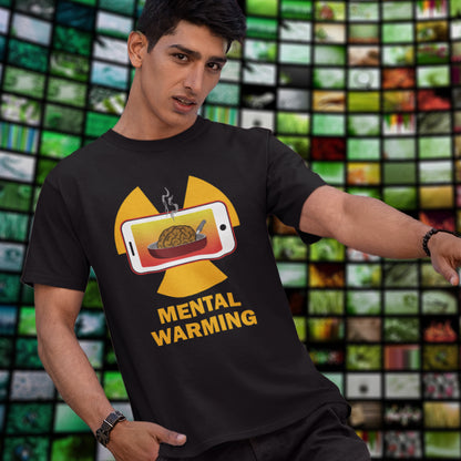 Person wearing a black t-shirt with a graphic design and text 'Mental Warning' in front of a colourful mosaic background. A save the environment t shirt looking at the affects of microwaves on the brain. If you are worried about global warming, look at what are we doing to our minds. This anti smart phone design reminds people that environmental issues are not our only concern. Made from 100% organic ring-spun cotton, this social awareness t-shirt is unisex, high-quality, super comfy, and best of all, eco-f