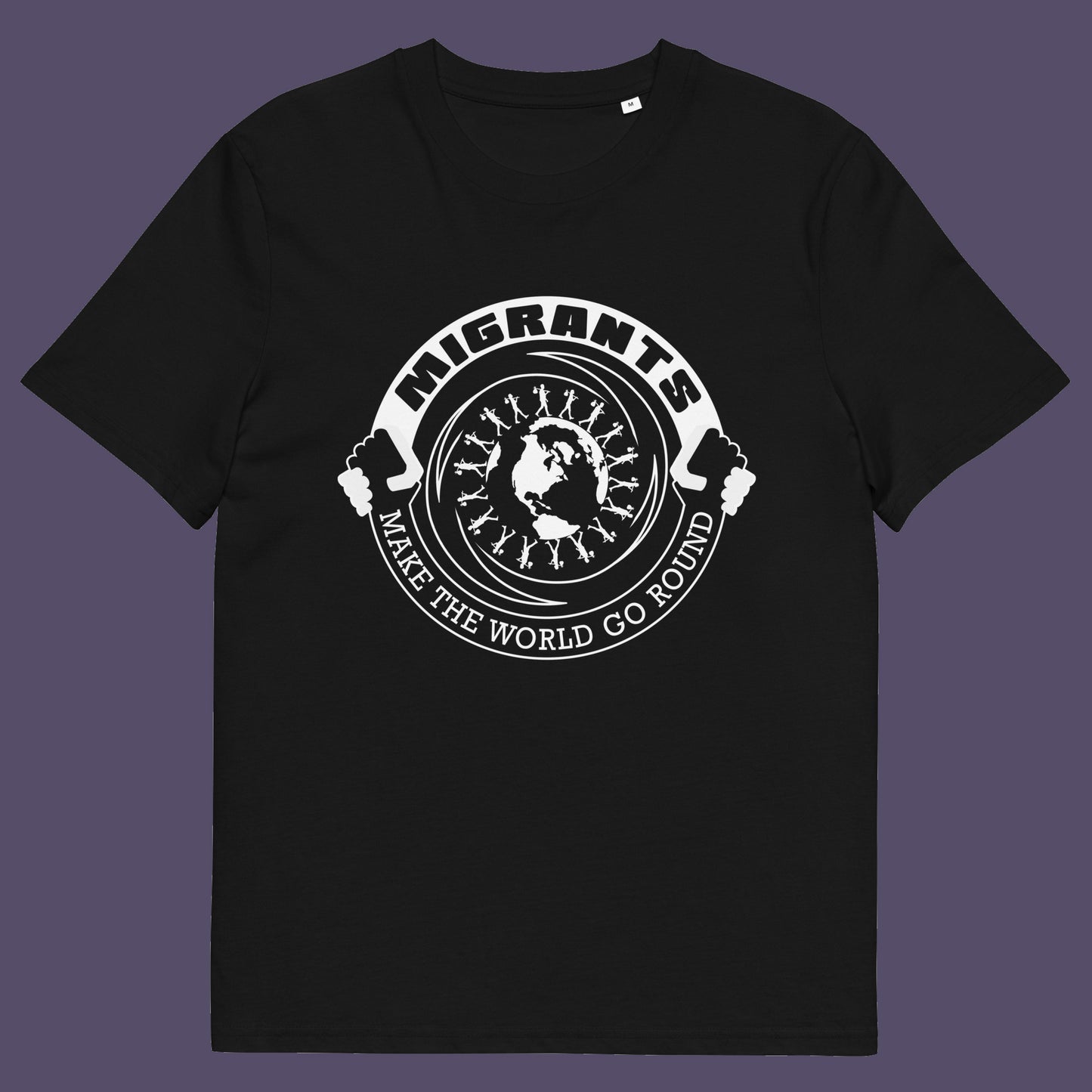 Black t shirt. An anti racism t shirt showing support for migrants. If you believe that migrants help keep the gene pool fresh and encourage culture growth, or just believe there should be no borders, this migrant rights t shirt is for you. Made from 100% organic ring-spun cotton, this anti racism t shirt is unisex, high-quality, super comfy, and best of all, eco-friendly.