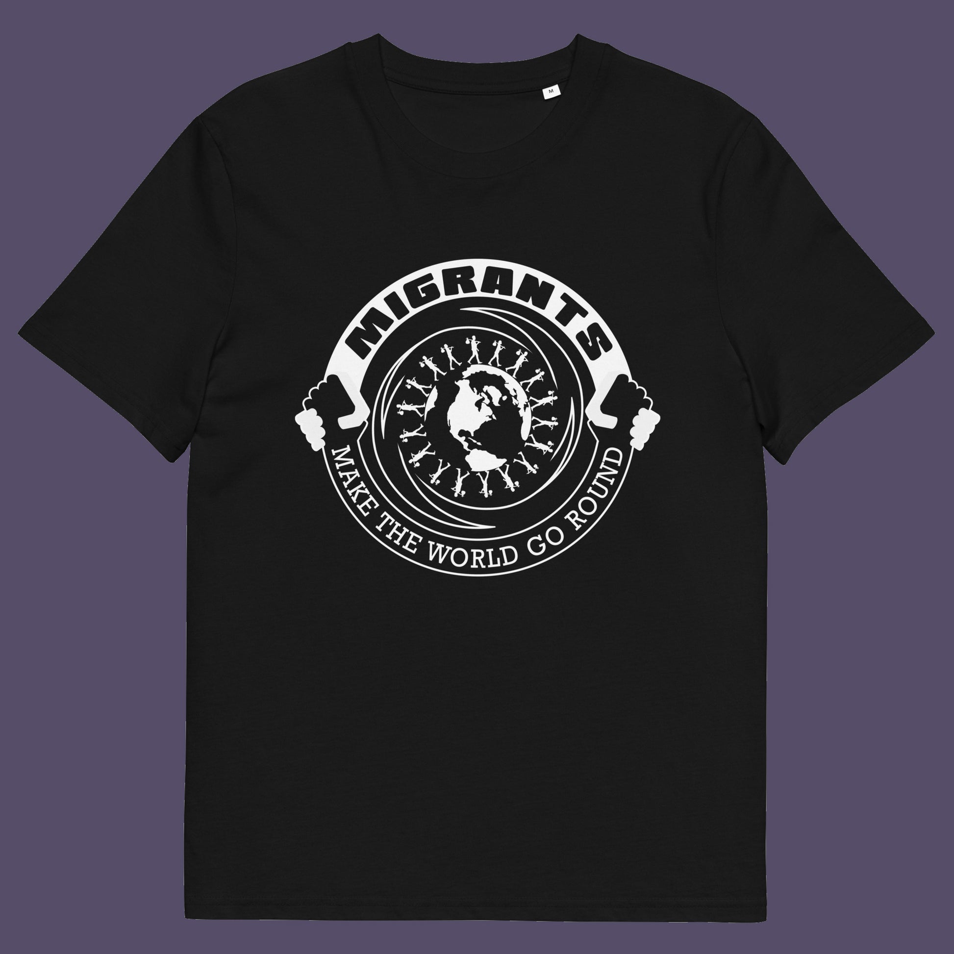 Black t shirt. An anti racism t shirt showing support for migrants. If you believe that migrants help keep the gene pool fresh and encourage culture growth, or just believe there should be no borders, this migrant rights t shirt is for you. Made from 100% organic ring-spun cotton, this anti racism t shirt is unisex, high-quality, super comfy, and best of all, eco-friendly.