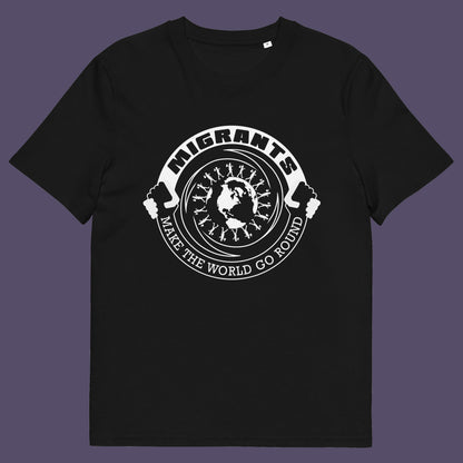 Black t shirt. An anti racism t shirt showing support for migrants. If you believe that migrants help keep the gene pool fresh and encourage culture growth, or just believe there should be no borders, this migrant rights t shirt is for you. Made from 100% organic ring-spun cotton, this anti racism t shirt is unisex, high-quality, super comfy, and best of all, eco-friendly.