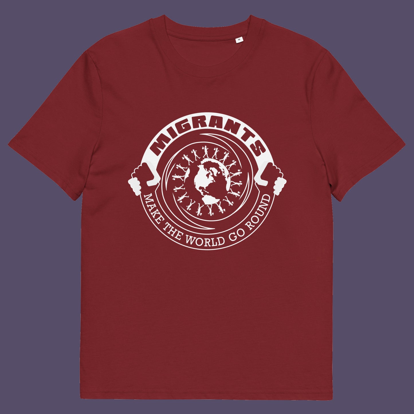 Burgundy t shirt. An anti racism t shirt showing support for migrants. If you believe that migrants help keep the gene pool fresh and encourage culture growth, or just believe there should be no borders, this migrant rights t shirt is for you. Made from 100% organic ring-spun cotton, this anti racism t shirt is unisex, high-quality, super comfy, and best of all, eco-friendly.