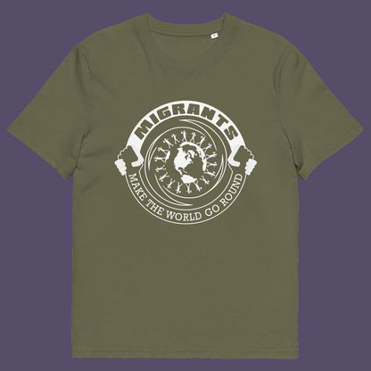 Khaki t shirt. An anti racism t shirt showing support for migrants. If you believe that migrants help keep the gene pool fresh and encourage culture growth, or just believe there should be no borders, this migrant rights t shirt is for you. Made from 100% organic ring-spun cotton, this anti racism t shirt is unisex, high-quality, super comfy, and best of all, eco-friendly.