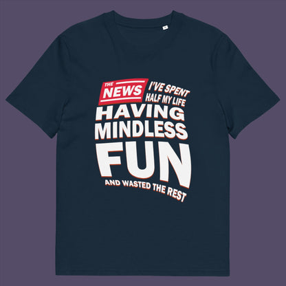 French navy t shirt. A witty quotes t shirt with a front page life philosophy. When you look back over your life, How are you going to see it ? Made from 100% organic ring-spun cotton, these clever slogan t shirts are unisex, high-quality, super comfy, and best of all, eco-friendly.