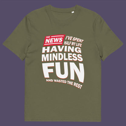 Khaki t shirt. A witty quotes t shirt with a front page life philosophy. When you look back over your life, How are you going to see it ? Made from 100% organic ring-spun cotton, these clever slogan t shirts are unisex, high-quality, super comfy, and best of all, eco-friendly.