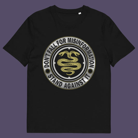 Black t-shirt. A unique political t-shirt design. Call it SPIN, LIES or GASLIGHTING , It's all misinformation. There's a lot of it about these days and most of it seems to be coming from above. Made from 100% organic ring-spun cotton, this social awareness t-shirt is unisex, high-quality, super comfy, and best of all, eco-friendly.