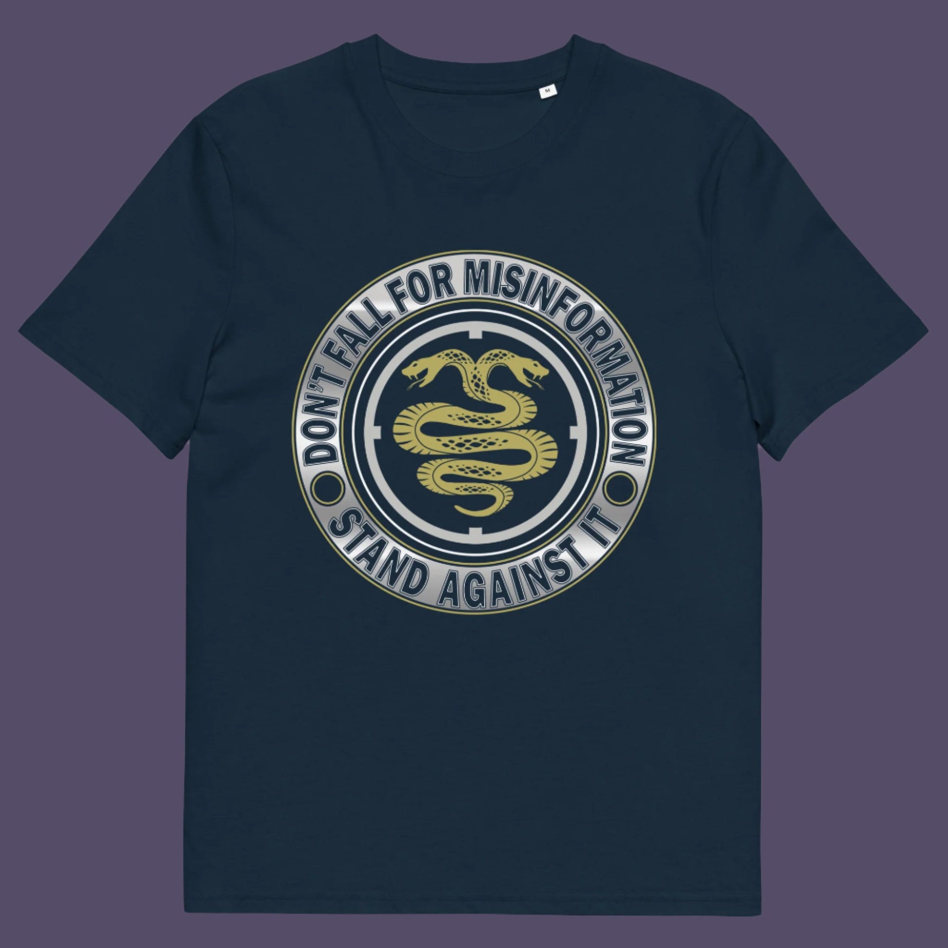 French navy t-shirt. A unique political t-shirt design. Call it SPIN, LIES or GASLIGHTING , It's all misinformation. There's a lot of it about these days and most of it seems to be coming from above. Made from 100% organic ring-spun cotton, this social awareness t-shirt is unisex, high-quality, super comfy, and best of all, eco-friendly.