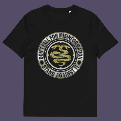 Black t-shirt. A non conformist t shirt design. Call it SPIN, LIES or GASLIGHTING , It's all misinformation. There's a lot of it about these days and most of it seems to be coming from above. Made from 100% organic ring-spun cotton, this social awareness t-shirt is unisex, high-quality, super comfy, and best of all, eco-friendly.