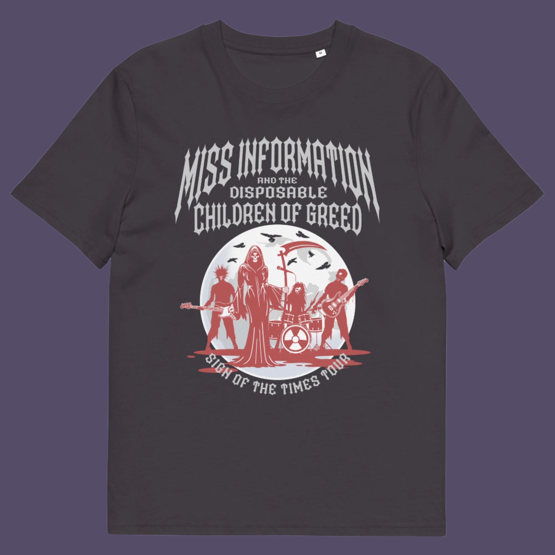 Anthracite t shirt A broken society t shirt in the form of a Spoof Goth-rock band design with a dig at modern culture. If you feel you are surrounded by misinformation and mercenaries, show you're no fool to the state of society by mocking it with this satirical tour t shirt. Made from 100% organic ring-spun cotton, this counter culture t shirt is unisex, high quality, super comfy, and best of all, eco-friendly.