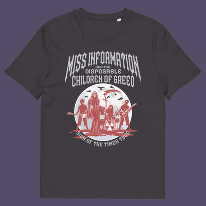 Anthracite t shirt A broken society t shirt in the form of a Spoof Goth-rock band design with a dig at modern culture. If you feel you are surrounded by misinformation and mercenaries, show you're no fool to the state of society by mocking it with this satirical tour t shirt. Made from 100% organic ring-spun cotton, this counter culture t shirt is unisex, high quality, super comfy, and best of all, eco-friendly.