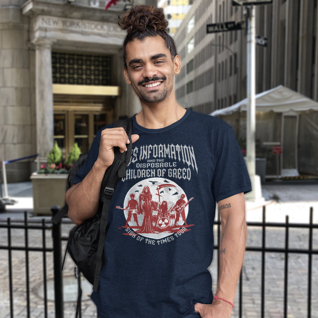 Man wearing a navy blue t-shirt with graphic design in an urban setting. A broken society t shirt in the form of a Spoof Goth-rock band design with a dig at modern culture. If you feel you are surrounded by misinformation and mercenaries, show you're no fool to the state of society by mocking it with this satirical tour t shirt. Made from 100% organic ring-spun cotton, this counter culture t shirt is unisex, high quality, super comfy, and best of all, eco-friendly.