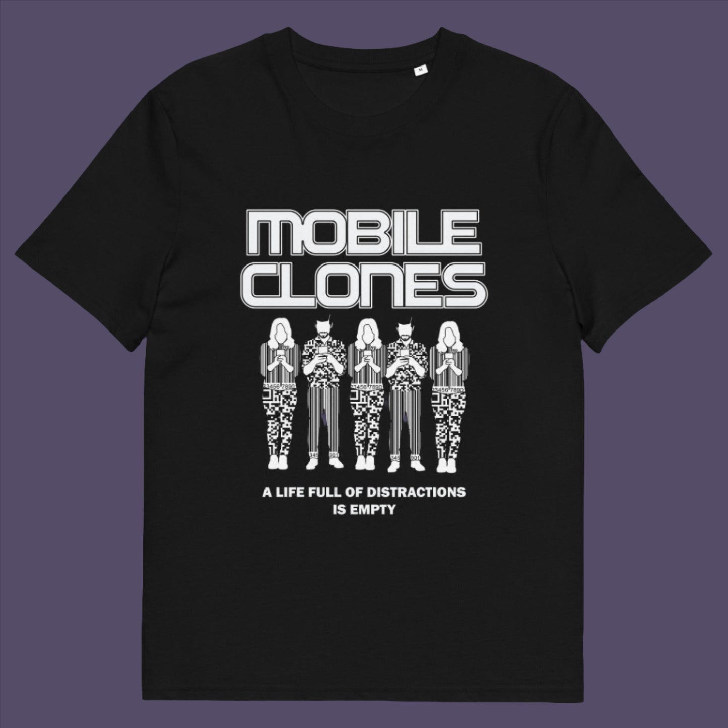 Black t-shirt. This counterculture t-shirt design is encouraging social awareness of the distraction from important issues that the mobile phone creates, especially with consumerism. Smart phones are taking the imagination out of life. Soon we will all look the same, think the same, and all buy the same un-needed online products, or has that already happened ? Made from 100% organic ring-spun cotton, this anti-consumerism t-shirt is unisex, high-quality, super comfy, and best of all, eco-friendly.