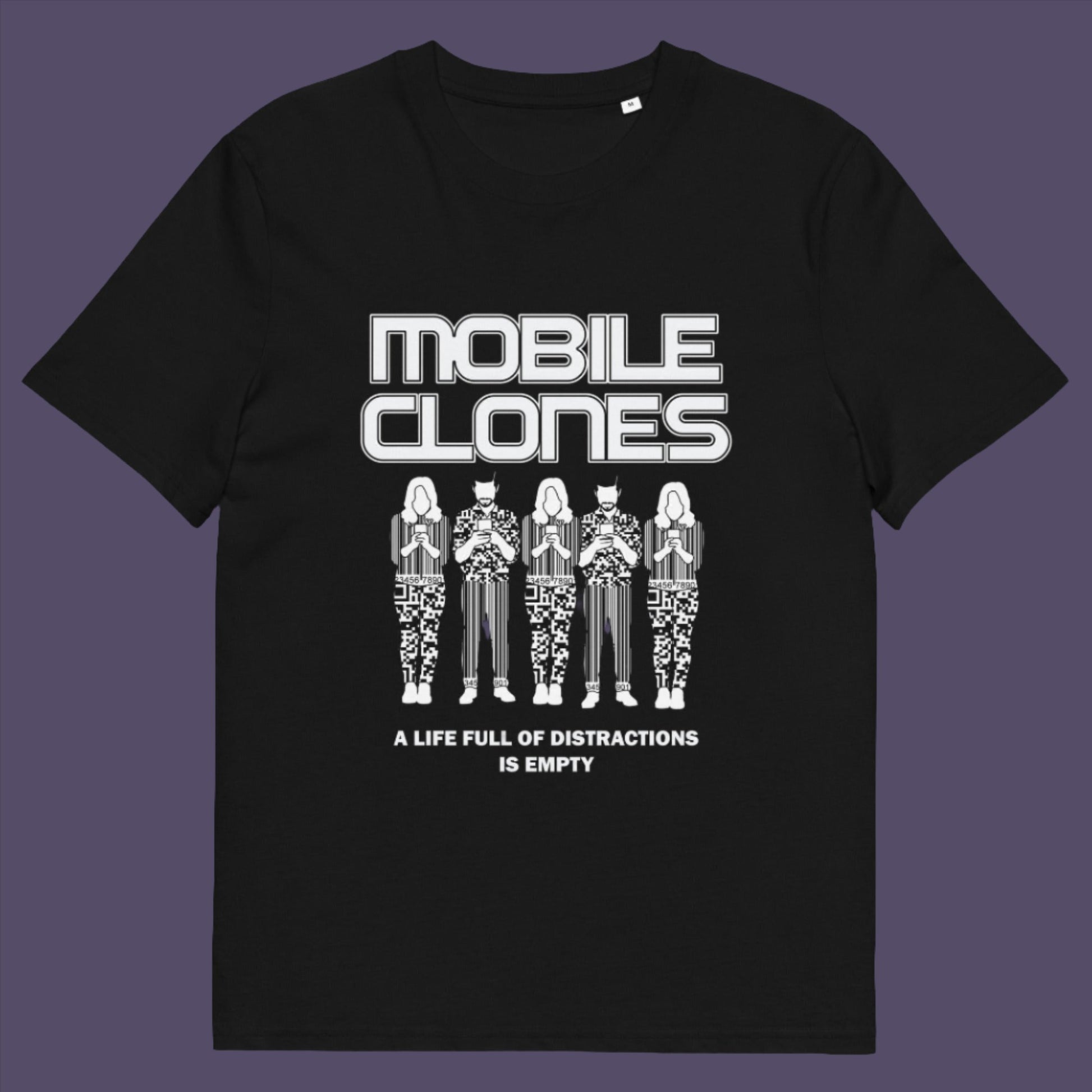 Black t-shirt. This counterculture t-shirt design is encouraging social awareness of the distraction from important issues that the mobile phone creates, especially with consumerism. Smart phones are taking the imagination out of life. Soon we will all look the same, think the same, and all buy the same un-needed online products, or has that already happened ? Made from 100% organic ring-spun cotton, this anti-consumerism t-shirt is unisex, high-quality, super comfy, and best of all, eco-friendly.
