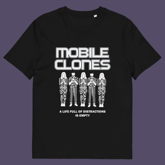 Black t-shirt. This counterculture t-shirt design is encouraging social awareness of the distraction from important issues that the mobile phone creates, especially with consumerism. Smart phones are taking the imagination out of life. Soon we will all look the same, think the same, and all buy the same un-needed online products, or has that already happened ? Made from 100% organic ring-spun cotton, this anti-consumerism t-shirt is unisex, high-quality, super comfy, and best of all, eco-friendly.