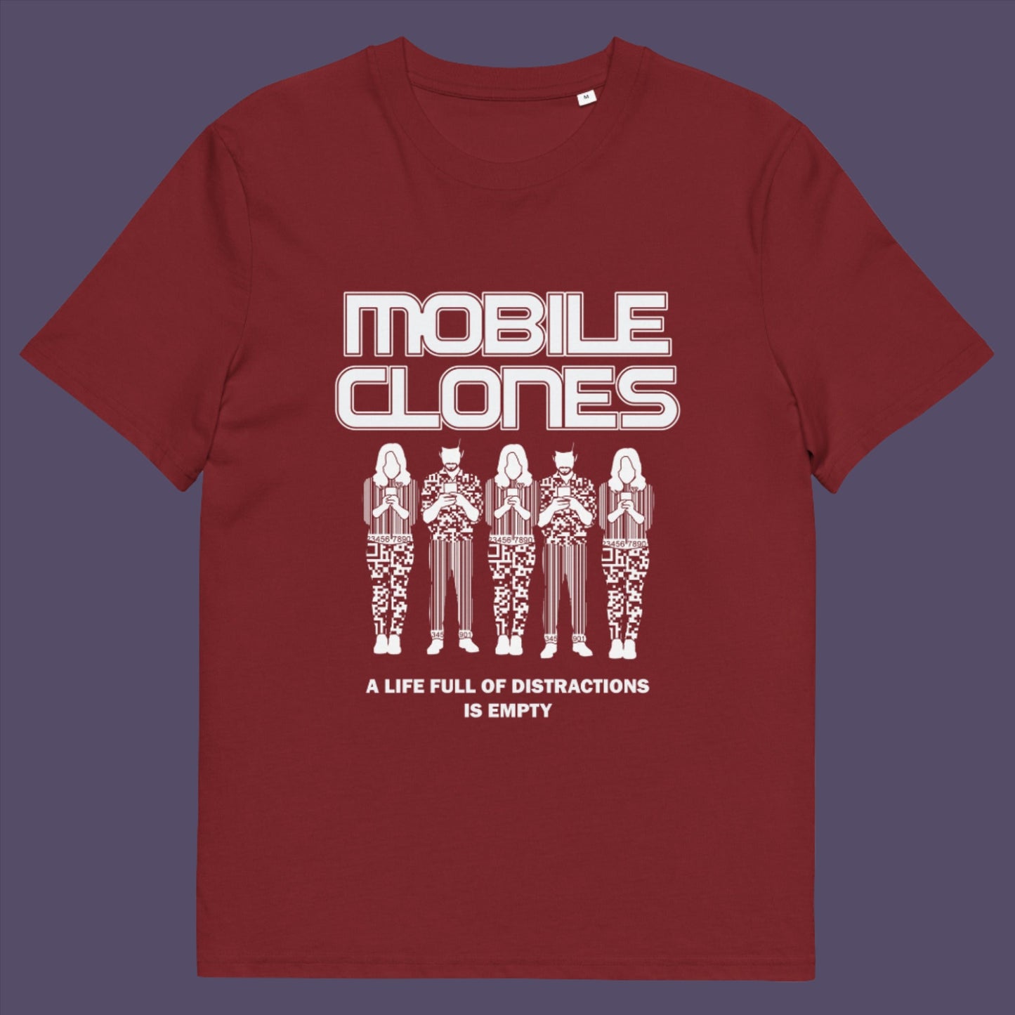 Burgundy t-shirt. This counterculture t-shirt design is encouraging social awareness of the distraction from important issues that the mobile phone creates, especially with consumerism. Smart phones are taking the imagination out of life. Soon we will all look the same, think the same, and all buy the same un-needed online products, or has that already happened ? Made from 100% organic ring-spun cotton, this anti-consumerism t-shirt is unisex, high-quality, super comfy, and best of all, eco-friendly.