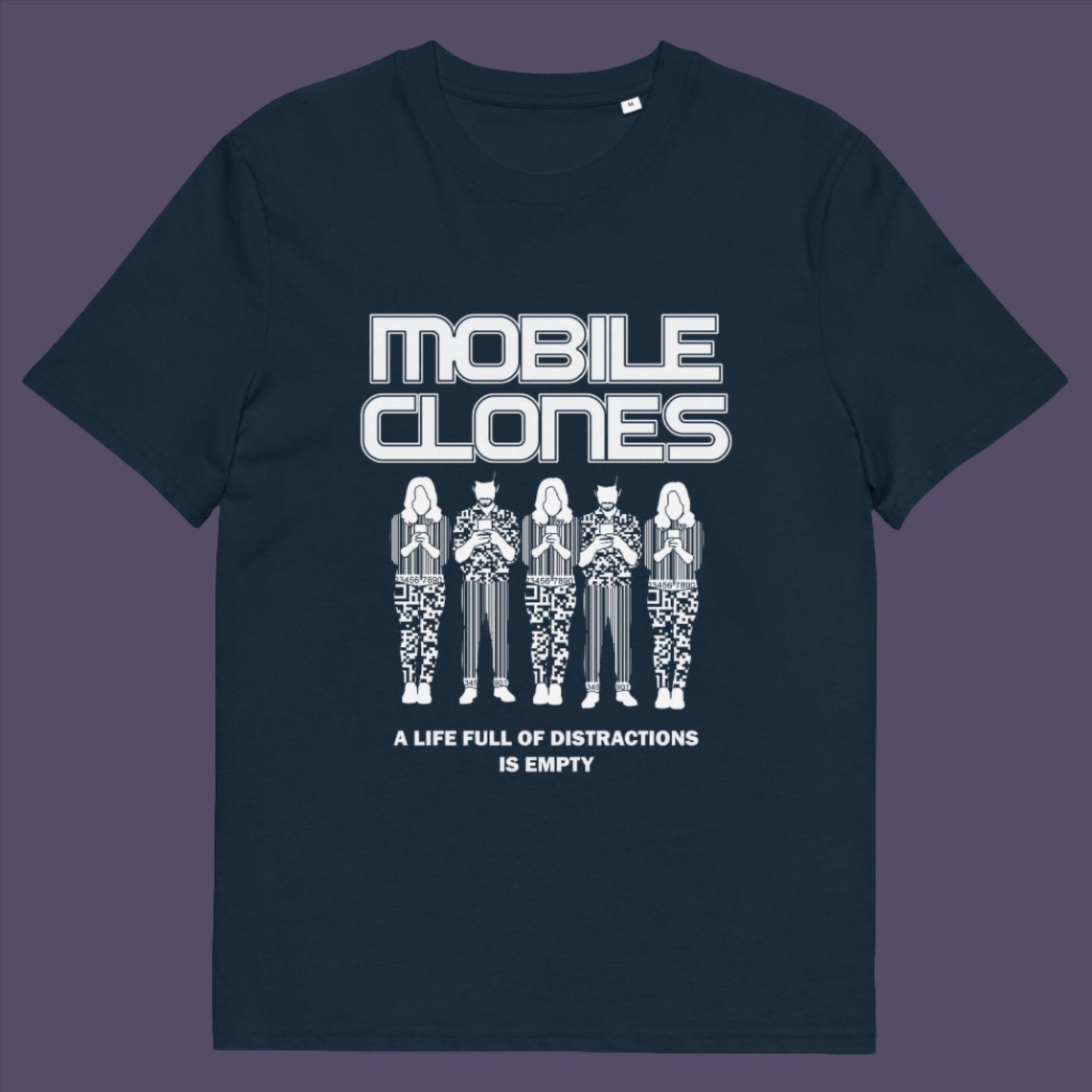 French navy t-shirt. This counterculture t-shirt design is encouraging social awareness of the distraction from important issues that the mobile phone creates, especially with consumerism. Smart phones are taking the imagination out of life. Soon we will all look the same, think the same, and all buy the same un-needed online products, or has that already happened ? Made from 100% organic ring-spun cotton, this anti-consumerism t-shirt is unisex, high-quality, super comfy, and best of all, eco-friendly.