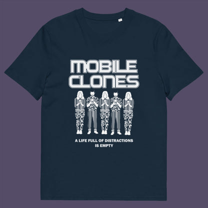 French navy t-shirt. This counterculture t-shirt design is encouraging social awareness of the distraction from important issues that the mobile phone creates, especially with consumerism. Smart phones are taking the imagination out of life. Soon we will all look the same, think the same, and all buy the same un-needed online products, or has that already happened ? Made from 100% organic ring-spun cotton, this anti-consumerism t-shirt is unisex, high-quality, super comfy, and best of all, eco-friendly.