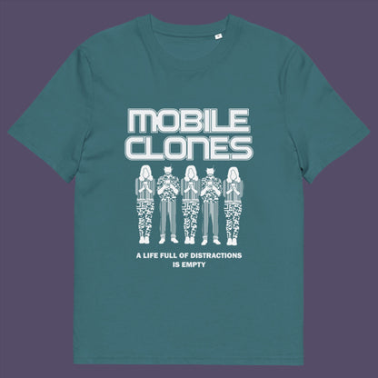 Stargazer T-shirt . This counterculture t-shirt design is encouraging social awareness of the distraction from important issues that the mobile phone creates, especially with consumerism. Smart phones are taking the imagination out of life. Soon we will all look the same, think the same, and all buy the same un-needed online products, or has that already happened ? Made from 100% organic ring-spun cotton, this anti-consumerism t-shirt is unisex, high-quality, super comfy, and best of all, eco-friendly.