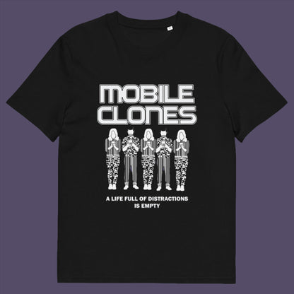 Black t-shirt. This anti mobile phone abuse t shirt design is encouraging social awareness of the distraction from important issues that the mobile phone creates, especially with consumerism.  Made from 100% organic ring-spun cotton, this anti-consumerism t shirt is unisex, high-quality, super comfy, and best of all, eco-friendly.