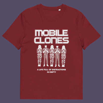 Burgundy t-shirt. This anti mobile phone abuse t shirt design is encouraging social awareness of the distraction from important issues that the mobile phone creates, especially with consumerism.  Made from 100% organic ring-spun cotton, this anti-consumerism t shirt is unisex, high-quality, super comfy, and best of all, eco-friendly.