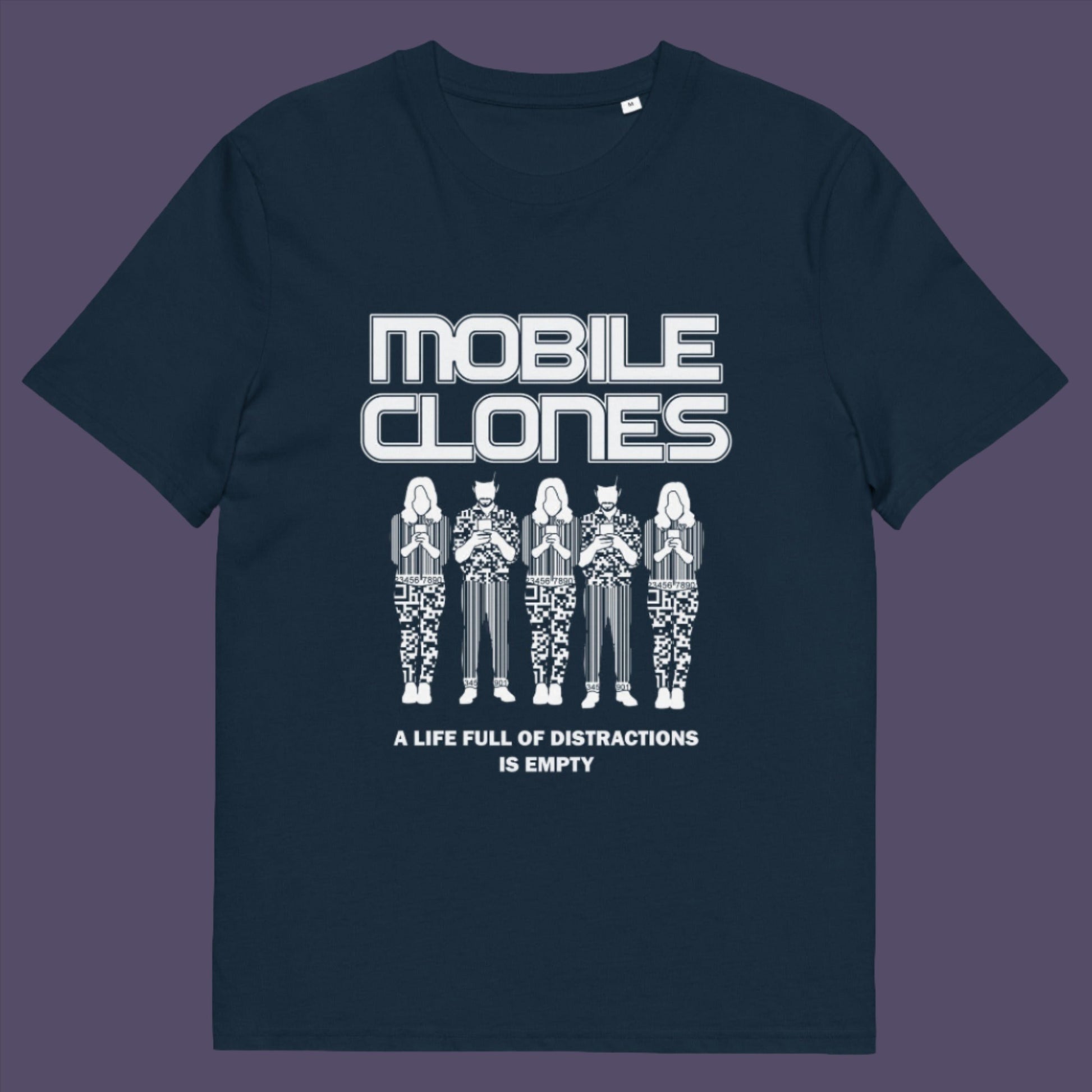 French navy t-shirt. This anti mobile phone abuse t shirt design is encouraging social awareness of the distraction from important issues that the mobile phone creates, especially with consumerism.  Made from 100% organic ring-spun cotton, this anti-consumerism t shirt is unisex, high-quality, super comfy, and best of all, eco-friendly.