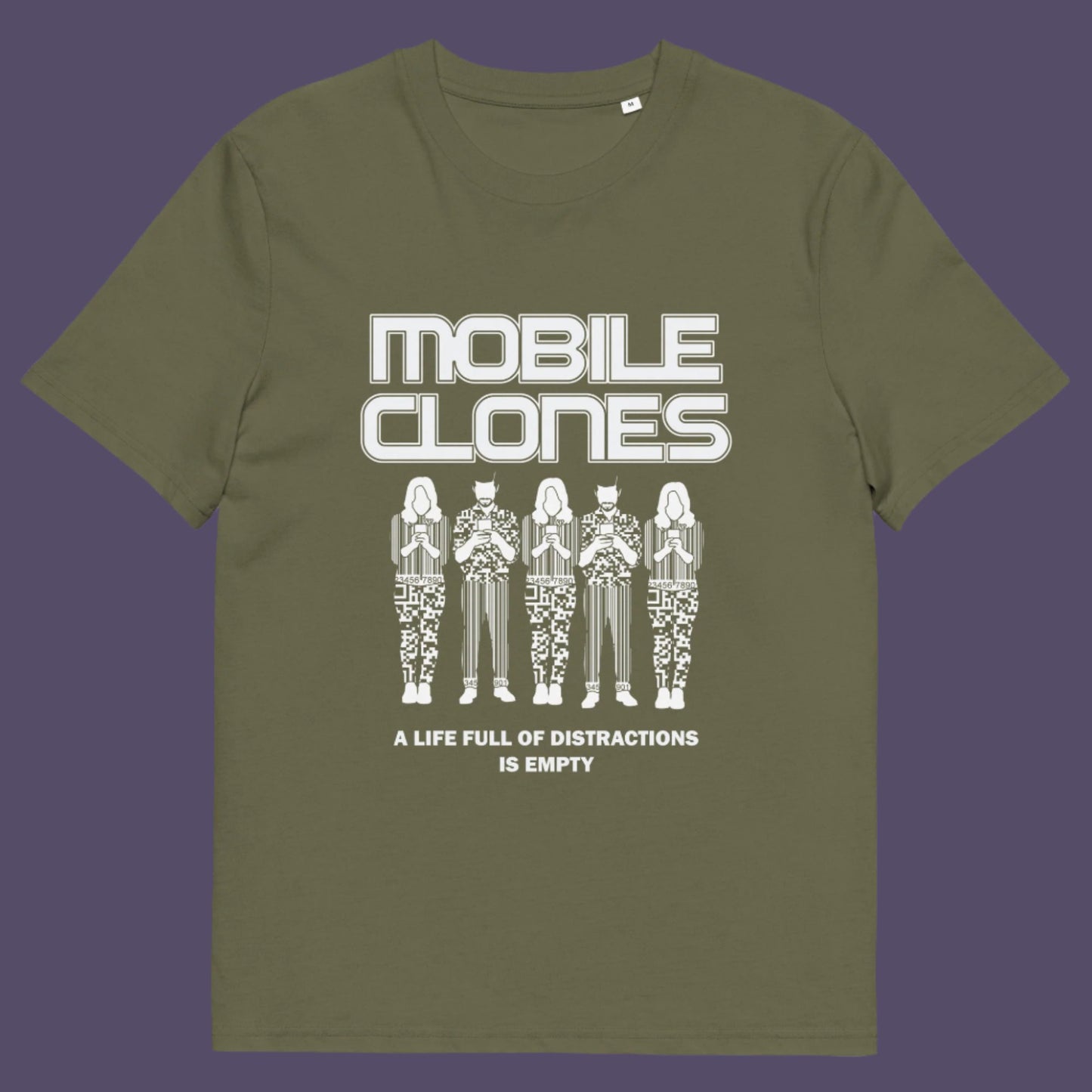 Khaki t-shirt. This anti mobile phone abuse t shirt design is encouraging social awareness of the distraction from important issues that the mobile phone creates, especially with consumerism.  Made from 100% organic ring-spun cotton, this anti-consumerism t shirt is unisex, high-quality, super comfy, and best of all, eco-friendly.