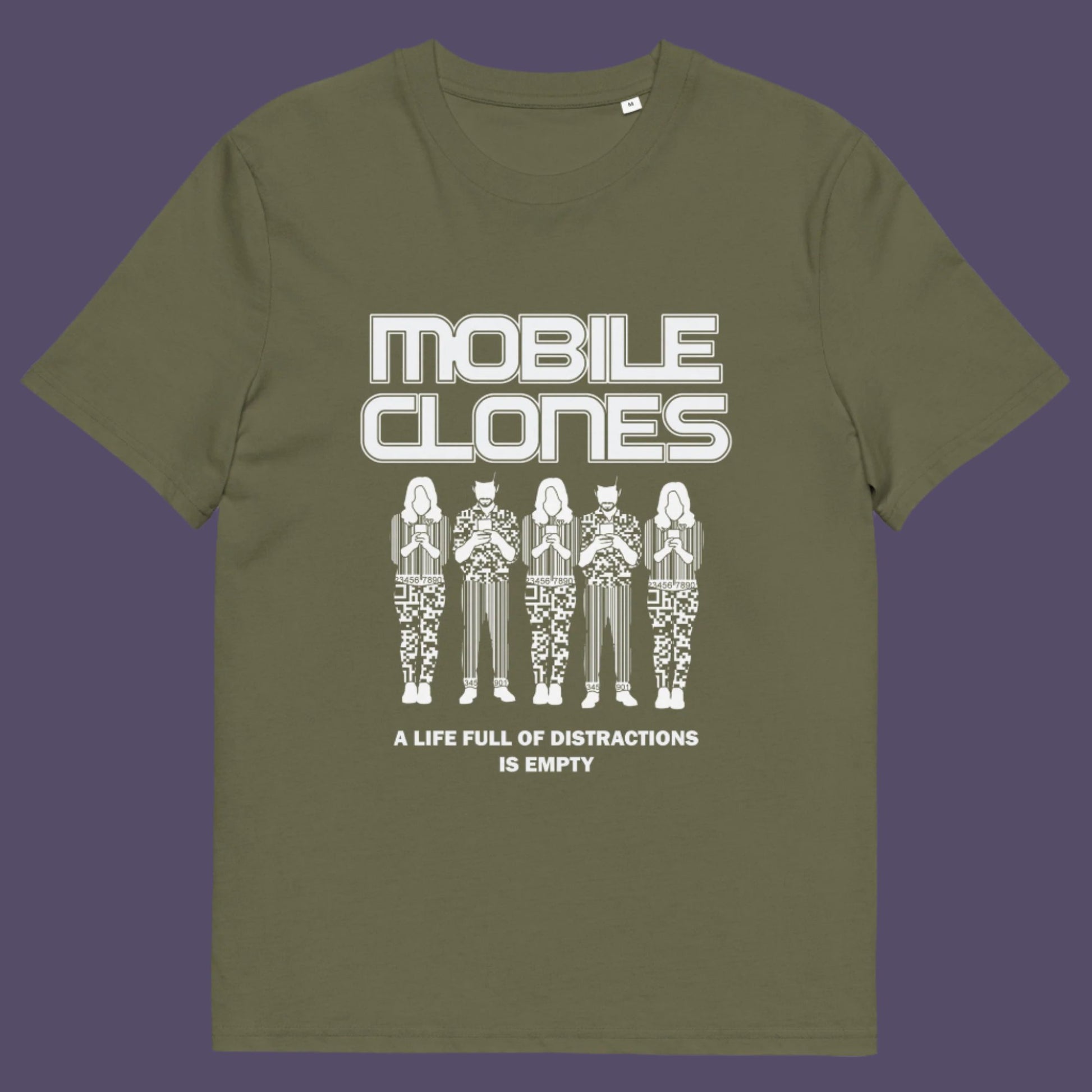 Khaki t-shirt. This anti mobile phone abuse t shirt design is encouraging social awareness of the distraction from important issues that the mobile phone creates, especially with consumerism.  Made from 100% organic ring-spun cotton, this anti-consumerism t shirt is unisex, high-quality, super comfy, and best of all, eco-friendly.