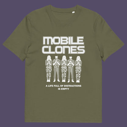 Khaki t-shirt. This anti mobile phone abuse t shirt design is encouraging social awareness of the distraction from important issues that the mobile phone creates, especially with consumerism.  Made from 100% organic ring-spun cotton, this anti-consumerism t shirt is unisex, high-quality, super comfy, and best of all, eco-friendly.