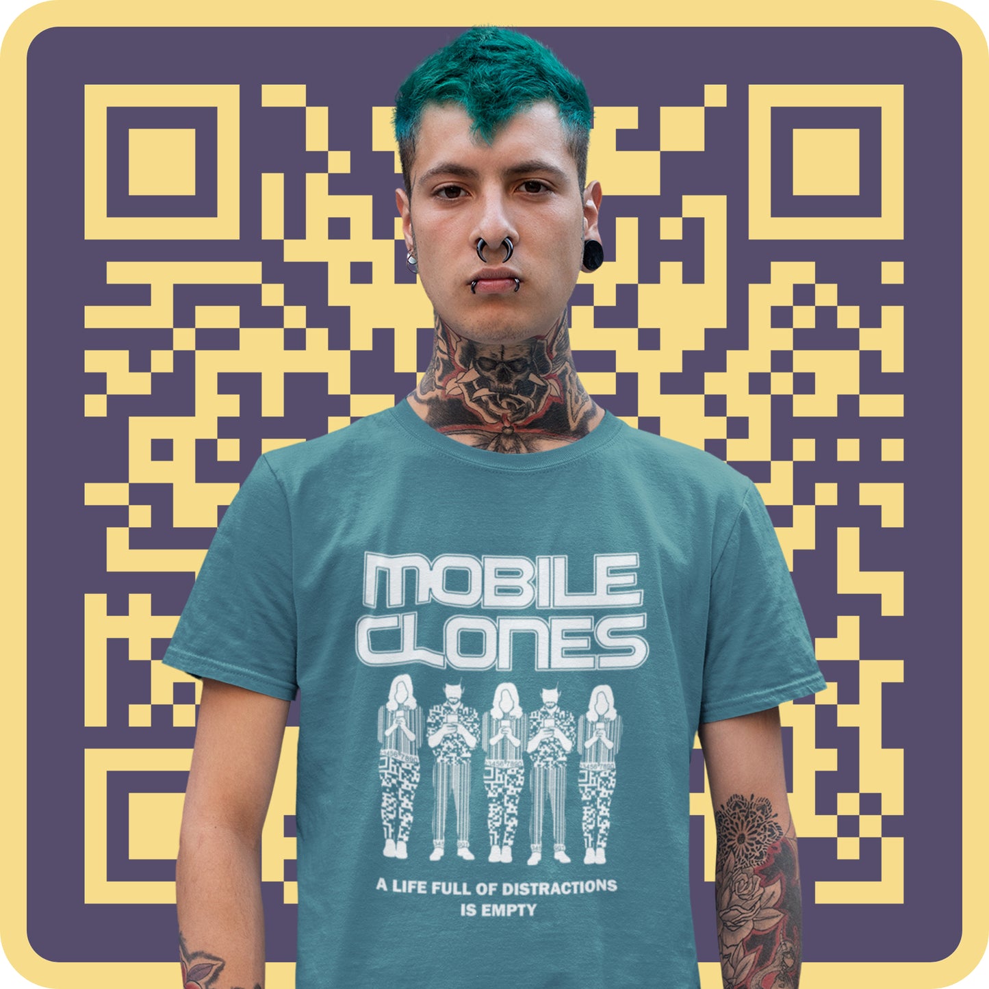 Person wearing a Stargazer t-shirt with 'Mobile Clones' design against a QR code patterned background. This anti mobile phone abuse t shirt design is encouraging social awareness of the distraction from important issues that the mobile phone creates, especially with consumerism.  Made from 100% organic ring-spun cotton, this anti-consumerism t shirt is unisex, high-quality, super comfy, and best of all, eco-friendly.