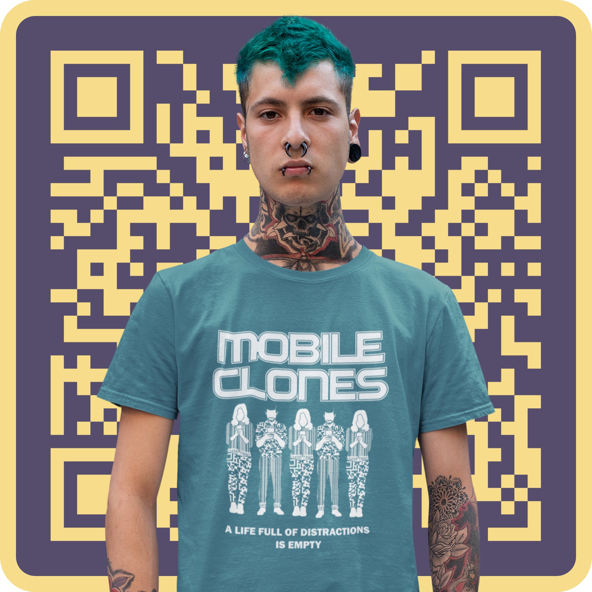 Person wearing a Stargazer t-shirt with 'Mobile Clones' design against a QR code patterned background. This anti mobile phone abuse t shirt design is encouraging social awareness of the distraction from important issues that the mobile phone creates, especially with consumerism.  Made from 100% organic ring-spun cotton, this anti-consumerism t shirt is unisex, high-quality, super comfy, and best of all, eco-friendly.