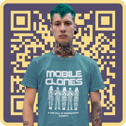 Person wearing a Stargazer t-shirt with 'Mobile Clones' design against a QR code patterned background. This anti mobile phone abuse t shirt design is encouraging social awareness of the distraction from important issues that the mobile phone creates, especially with consumerism.  Made from 100% organic ring-spun cotton, this anti-consumerism t shirt is unisex, high-quality, super comfy, and best of all, eco-friendly.