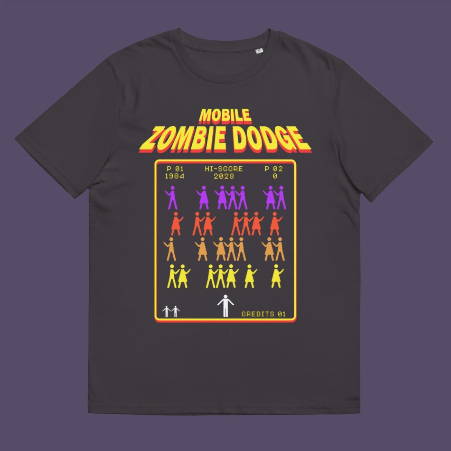 Anthracite t-shirt. A satirical gamer t-shirt design for anyone who feels they are in a repetitive 80's video game every time they enter a crowded street scene. Welcome to the age of the mobile phone and lack of social awareness. Made from 100% organic ring-spun cotton, this unisex gamer t-shirt is alternative and original. It's high-quality, super comfy, and best of all—eco-friendly.