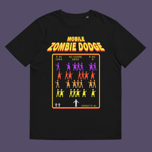 Black t-shirt. A satirical gamer t-shirt design for anyone who feels they are in a repetitive 80's video game every time they enter a crowded street scene. Welcome to the age of the mobile phone and lack of social awareness. Made from 100% organic ring-spun cotton, this unisex gamer t-shirt is alternative and original. It's high-quality, super comfy, and best of all—eco-friendly.