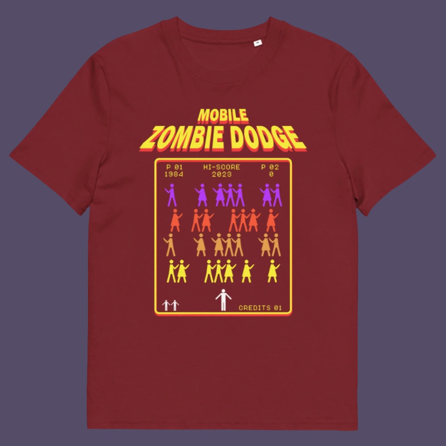 Burgundy t-shirt. A satirical gamer t-shirt design for anyone who feels they are in a repetitive 80's video game every time they enter a crowded street scene. Welcome to the age of the mobile phone and lack of social awareness. Made from 100% organic ring-spun cotton, this unisex gamer t-shirt is alternative and original. It's high-quality, super comfy, and best of all—eco-friendly.
