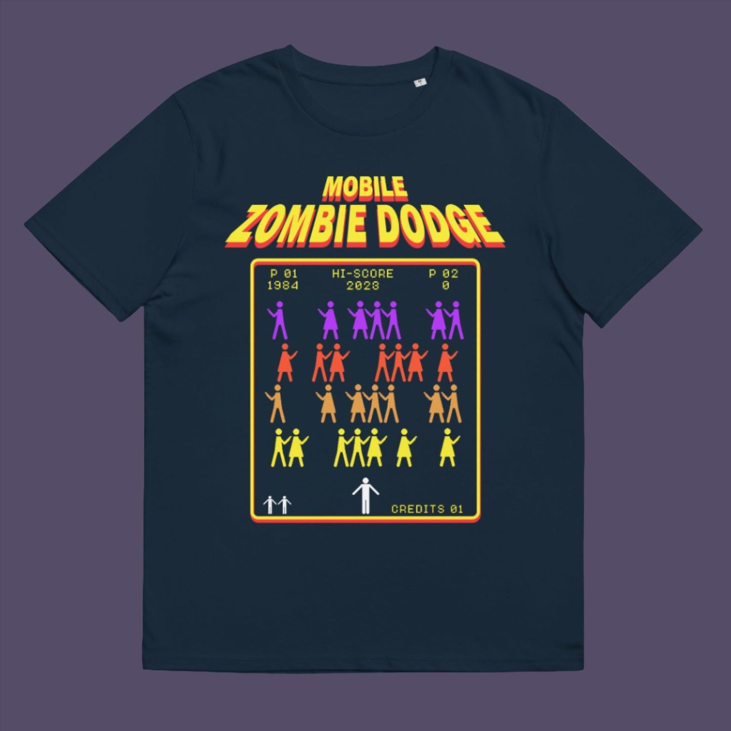 French navy t-shirt. A satirical gamer t-shirt design for anyone who feels they are in a repetitive 80's video game every time they enter a crowded street scene. Welcome to the age of the mobile phone and lack of social awareness. Made from 100% organic ring-spun cotton, this unisex gamer t-shirt is alternative and original. It's high-quality, super comfy, and best of all—eco-friendly.