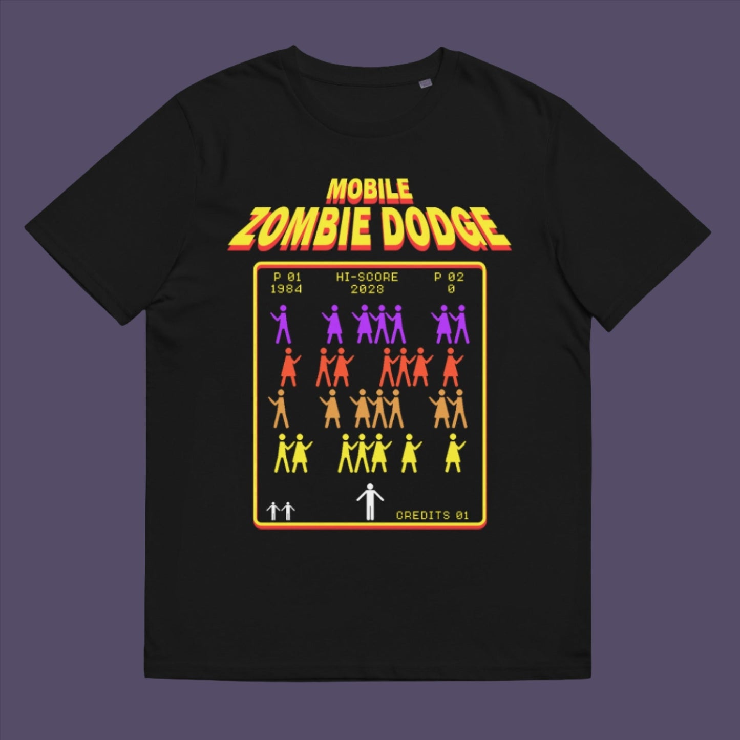 Black t-shirt. A satirical gamer t-shirt design for anyone who feels they are in a repetitive 80's video game every time they enter a crowded street scene. Welcome to the age of the mobile phone and lack of social awareness. Made from 100% organic ring-spun cotton, this unisex gamer t-shirt is alternative and original. It's high-quality, super comfy, and best of all—eco-friendly.