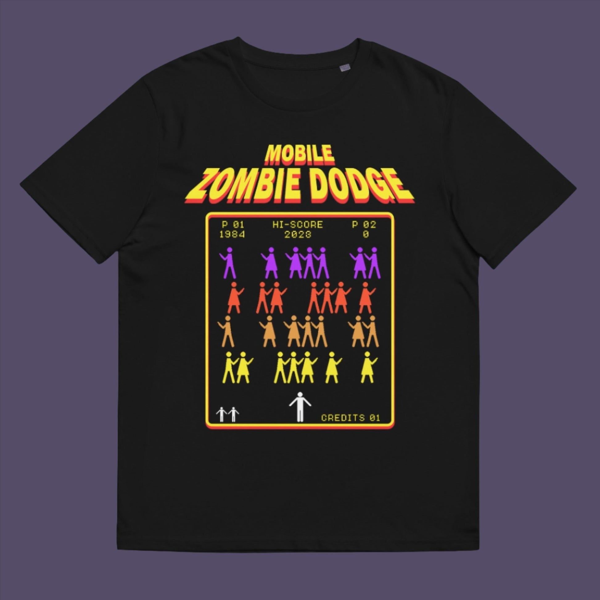 Black t-shirt. A satirical gamer t-shirt design for anyone who feels they are in a repetitive 80's video game every time they enter a crowded street scene. Welcome to the age of the mobile phone and lack of social awareness. Made from 100% organic ring-spun cotton, this unisex gamer t-shirt is alternative and original. It's high-quality, super comfy, and best of all—eco-friendly.