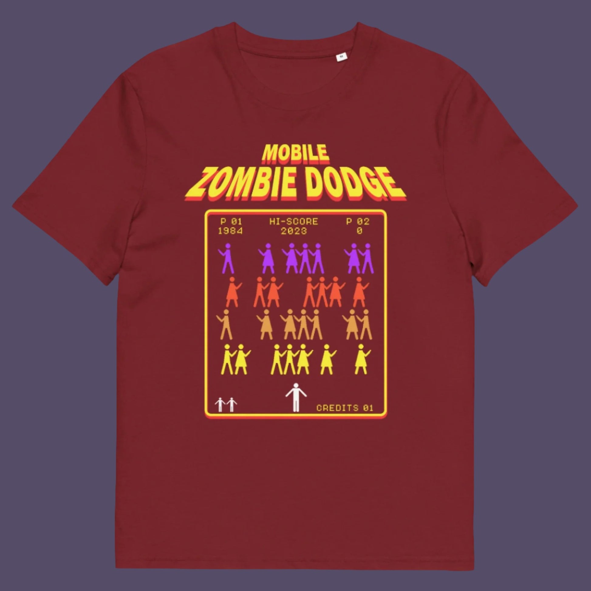 Burgundy t-shirt. A satirical gamer t-shirt design for anyone who feels they are in a repetitive 80's video game every time they enter a crowded street scene. Welcome to the age of the mobile phone and lack of social awareness. Made from 100% organic ring-spun cotton, this unisex gamer t-shirt is alternative and original. It's high-quality, super comfy, and best of all—eco-friendly.