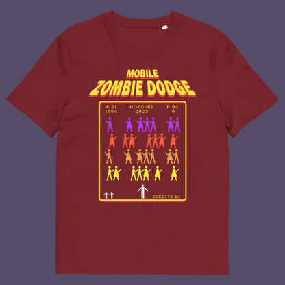 Burgundy t-shirt. A satirical gamer t-shirt design for anyone who feels they are in a repetitive 80's video game every time they enter a crowded street scene. Welcome to the age of the mobile phone and lack of social awareness. Made from 100% organic ring-spun cotton, this unisex gamer t-shirt is alternative and original. It's high-quality, super comfy, and best of all—eco-friendly.
