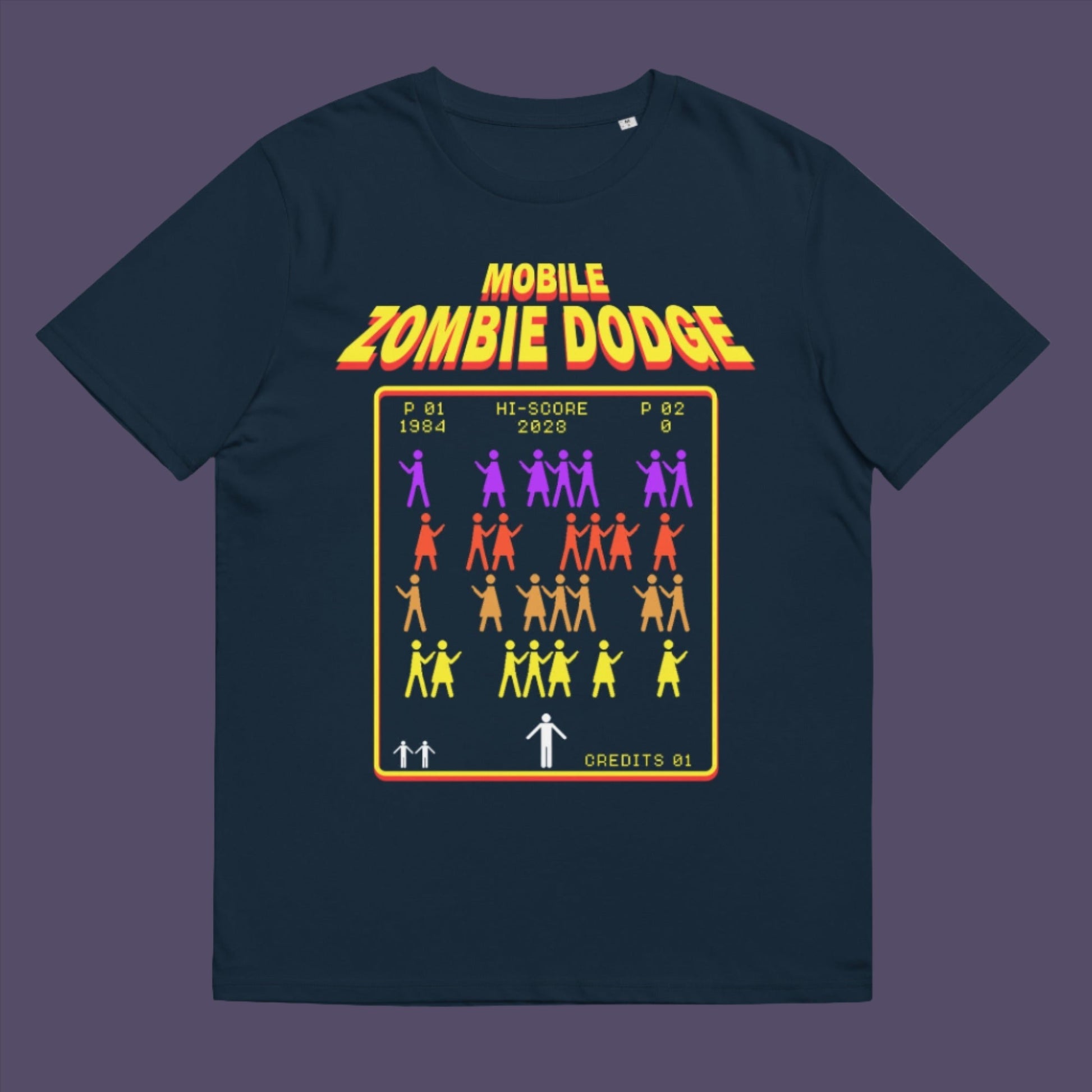 French navy t-shirt. A satirical gamer t-shirt design for anyone who feels they are in a repetitive 80's video game every time they enter a crowded street scene. Welcome to the age of the mobile phone and lack of social awareness. Made from 100% organic ring-spun cotton, this unisex gamer t-shirt is alternative and original. It's high-quality, super comfy, and best of all—eco-friendly.