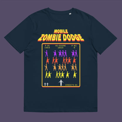 French navy t-shirt. A satirical gamer t-shirt design for anyone who feels they are in a repetitive 80's video game every time they enter a crowded street scene. Welcome to the age of the mobile phone and lack of social awareness. Made from 100% organic ring-spun cotton, this unisex gamer t-shirt is alternative and original. It's high-quality, super comfy, and best of all—eco-friendly.