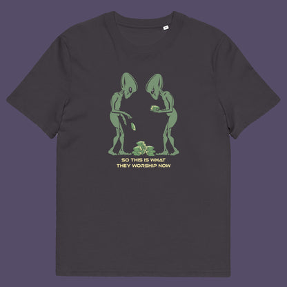 Grey t-shirt. This funny anti-capitalism t-shirt is for alien lovers, and depicts the disappointment of a civilisation now overly obsessed with money and greed. Is it any wonder the aliens have given up on us. Made from 100% organic ring-spun cotton, this social awareness/alien t-shirt is unisex, high-quality, super comfy, and best of all, eco-friendly.