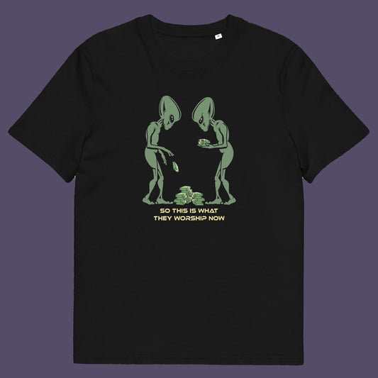 Black t-shirt. This funny anti-capitalism t-shirt is for alien lovers, and depicts the disappointment of a civilisation now overly obsessed with money and greed. Is it any wonder the aliens have given up on us. Made from 100% organic ring-spun cotton, this social awareness/alien t-shirt is unisex, high-quality, super comfy, and best of all, eco-friendly.