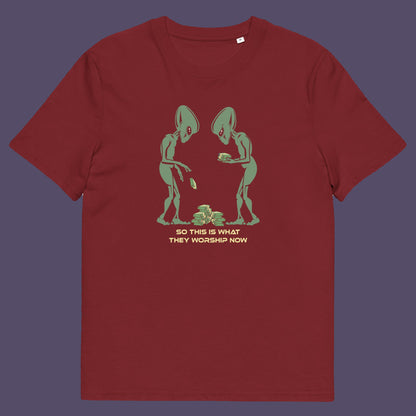 Burgundy t-shirt. This funny anti-capitalism t-shirt is for alien lovers, and depicts the disappointment of a civilisation now overly obsessed with money and greed. Is it any wonder the aliens have given up on us. Made from 100% organic ring-spun cotton, this social awareness/alien t-shirt is unisex, high-quality, super comfy, and best of all, eco-friendly.