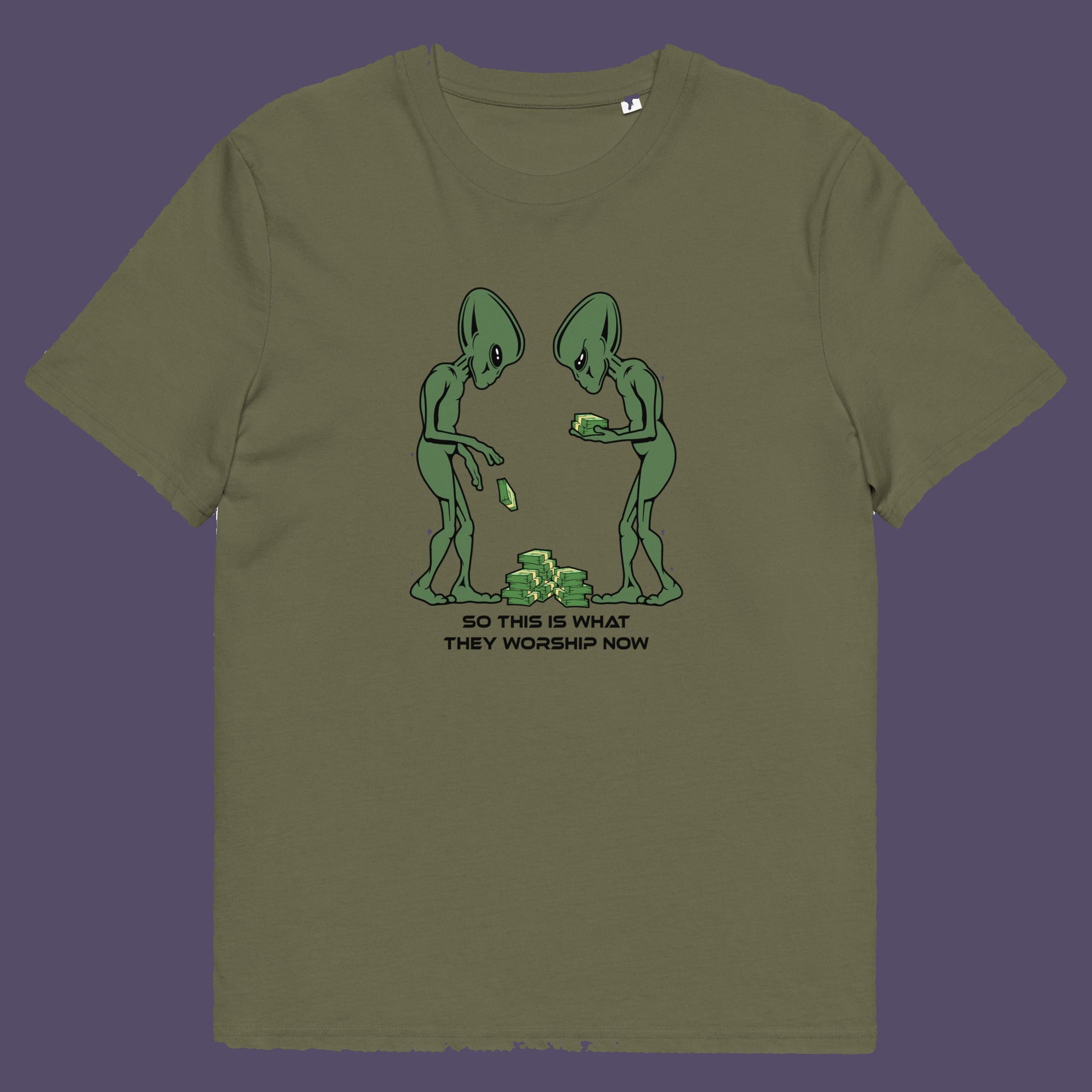 Khaki t-shirt. This funny anti-capitalism t-shirt is for alien lovers, and depicts the disappointment of a civilisation now overly obsessed with money and greed. Is it any wonder the aliens have given up on us. Made from 100% organic ring-spun cotton, this social awareness/alien t-shirt is unisex, high-quality, super comfy, and best of all, eco-friendly.