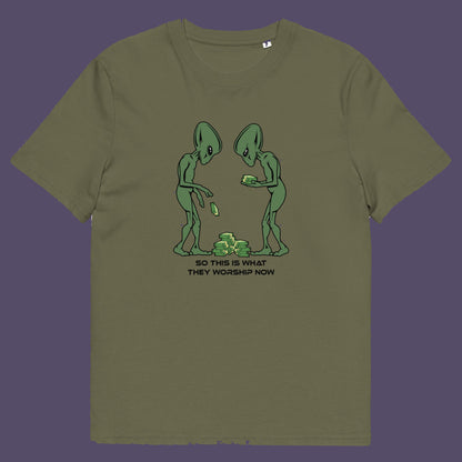 Khaki t-shirt. This funny anti-capitalism t-shirt is for alien lovers, and depicts the disappointment of a civilisation now overly obsessed with money and greed. Is it any wonder the aliens have given up on us. Made from 100% organic ring-spun cotton, this social awareness/alien t-shirt is unisex, high-quality, super comfy, and best of all, eco-friendly.