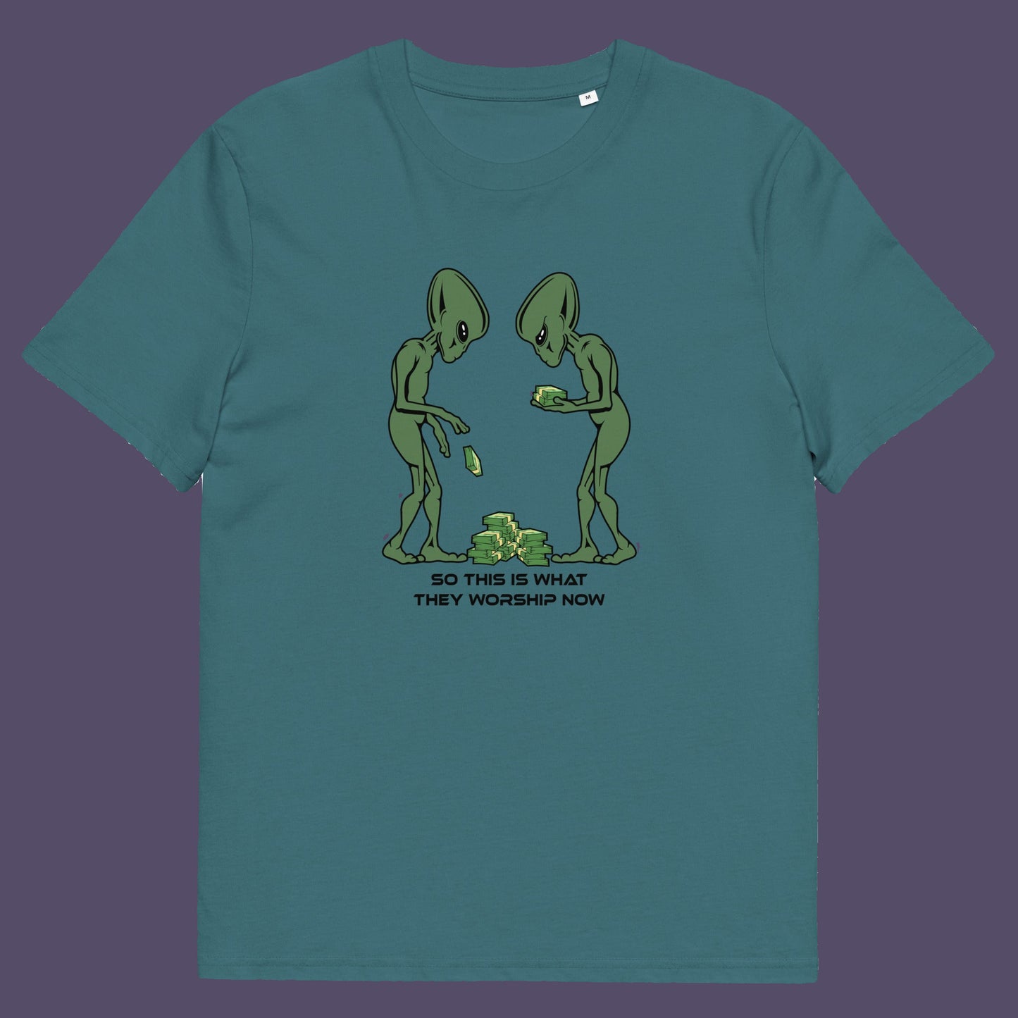 Light blue. This funny anti-capitalism t-shirt is for alien lovers, and depicts the disappointment of a civilisation now overly obsessed with money and greed. Is it any wonder the aliens have given up on us. Made from 100% organic ring-spun cotton, this social awareness/alien t-shirt is unisex, high-quality, super comfy, and best of all, eco-friendly.